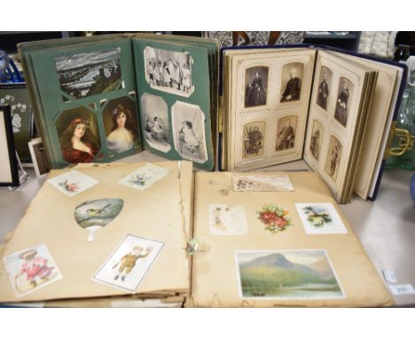 Victorian ephemera including decoupage book, greetings card album and portrait photograph album