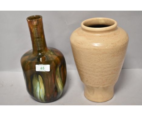 Two pieces of vintage studio pottery including indented vase with mottled green and brown glaze.