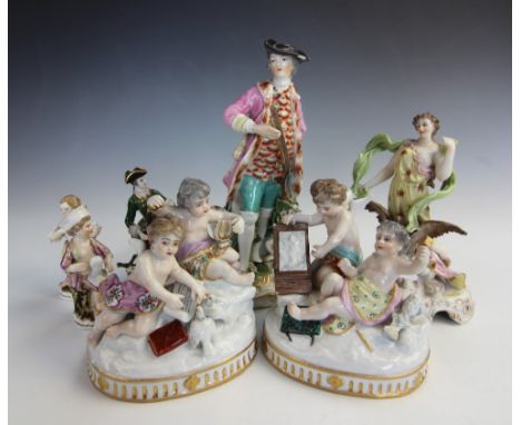 Seven British and Continental porcelain figural groups, to include; a pair of putti groups depicting 'Art' and 'Music' in pol