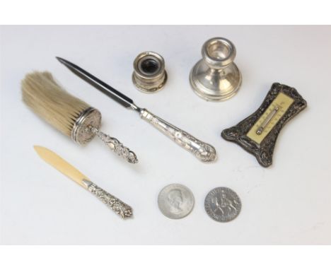 A selection of silver deskware and accessories, to include; a silver handled letter opener by Harrison Brothers, Sheffield 19