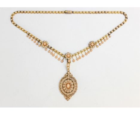 A Victorian coral and split seed pearl set necklace, the gilt metal necklace set with split seed pearls and three central flo
