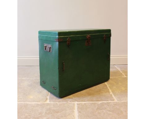 A vintage car faux leather luggage trunk, later over painted, the rectangular trunk applied with brass clasp locks and side s