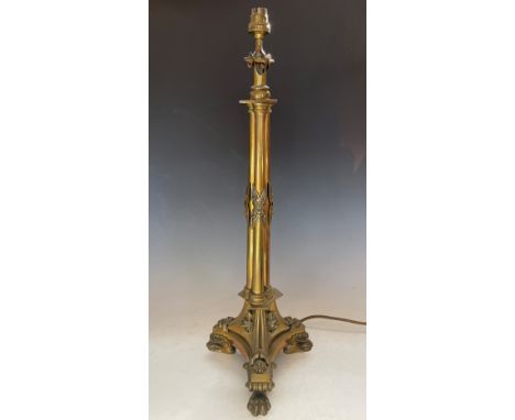 A brass tilt top table lamp in the manner of William Bullock, early 20th century, the body comprised of three doric columns e