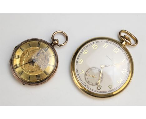 An early 20th century open face fob watch, the gold toned circular dial with black roman numerals and engraved floral decorat