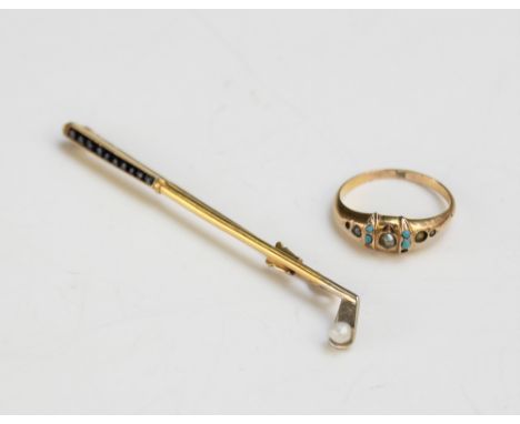 GOLFING INTEREST: A French sapphire and pearl set golfing pin, designed as a golf club with square mixed cut sapphires to the