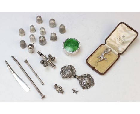 A selection of silver accessories, to include; an Edwardian silver and enamel pill box, Birmingham 1908 (maker's marks worn),