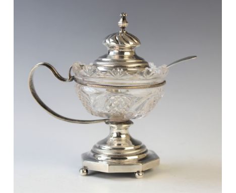 A 19th century Dutch cut glass silver mounted mustard pot, of circular form with hobnail cut body, raised on a stepped and fa