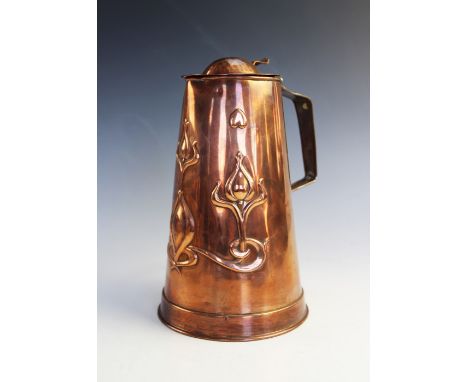 An Art Nouveau copper water jug by Joseph Sankey &amp; Son, late 19th or early 20th century, of tapering form with hinged dom