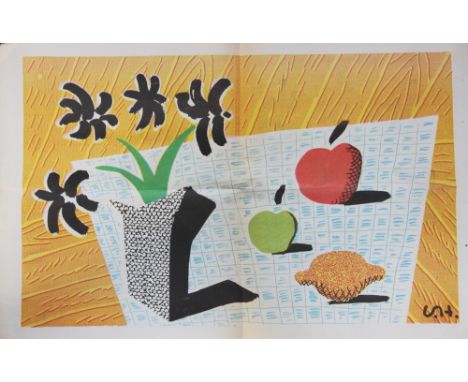 After David Hockney O.M., C.H., R.A. (b1937),  Offset colour lithograph on newsprint paper, 'Two Apples, One Lemon and Four F