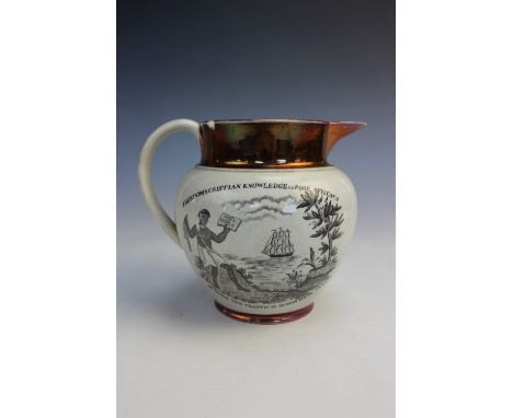 ANTI SLAVERY INTEREST: A pearlware lustre jug, circa 1830, black printed to one side with a portrait of Henry Brougham, and t