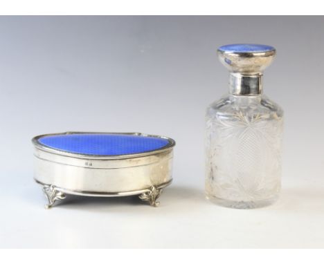 A George V silver and enamel jewellery casket by Henry Clifford Davis, Birmingham 1928, on four pad feet with blue engine tur