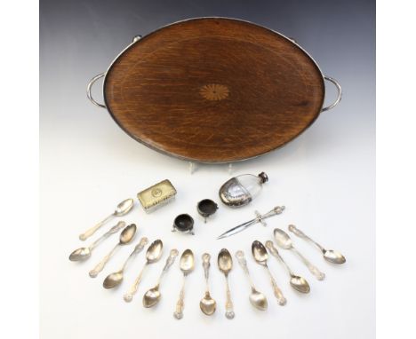 An oak inlaid white metal mounted twin-handled gallery tray, of oval form on four compressed ball feet, 59cm wide, together w