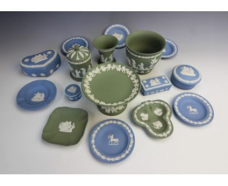 A selection of Wedgwood green Jasper cameo ware pieces, 20th century, comprising: a cache pot applied with relief moulded cla