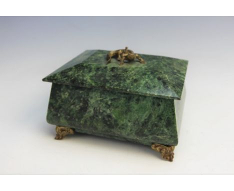 A green serpentine casket, possibly Russian, 19th century, the rectangular casket with applied gilt metal lizard to the cover