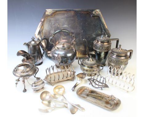 A collection of silver plated wares to include, a silver plated spirit kettle, stand and burner, an 'Argentor' silver plated 