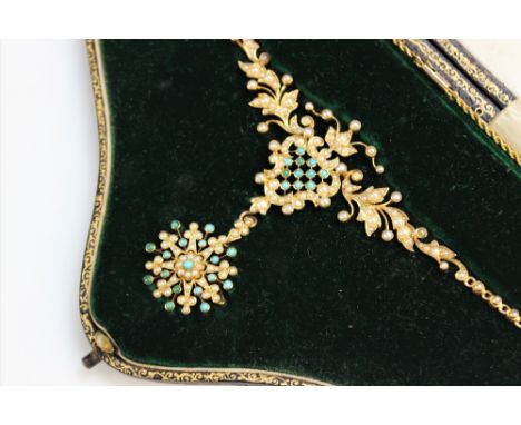 A Victorian turquoise and split seed pearl set necklace, designed as a central trellis panel set with turquoise cabochons, al