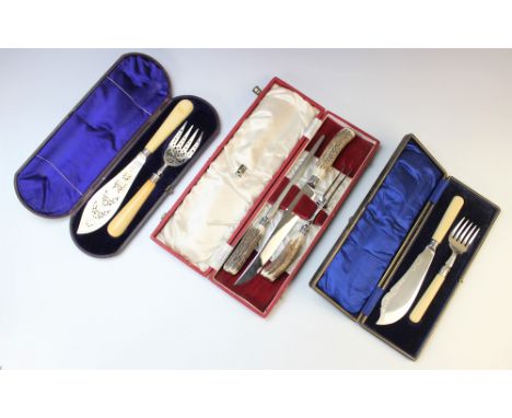 A cased silver bladed, fish serving set, Harrison Brothers & Howson, Sheffield 1878, each piece with intricately pierced blad