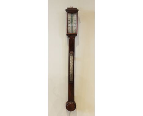 An early 19th centuy mahogany stick barometer, signed ?F.W.Morgan, Manchester?, the pagoda shaped top above a 19cm silvered d