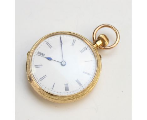 A Victorian 18ct gold open face fob watch, the round white enamel dial with Roman numerals, set to an 18ct gold circular case