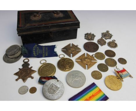 A collection of medals to a Japanned cash box to include two WW1 medals to 62539 Sgt R Riches R.A.M.C and Victory medal to 21