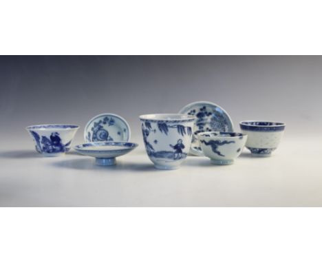 A collection of 18th century and later Chinese porcelain blue and white wares, to include a wine cup, 7cm high, a dragon tea 