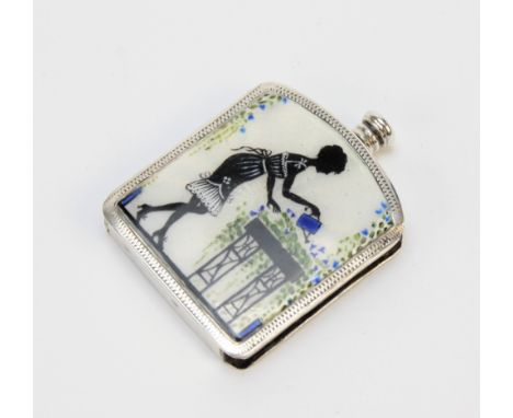 A George V silver and enamel 'perpetual match', London import mark for 1921, engine turned enamel decoration depicting a woma