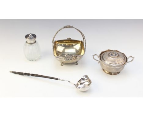 A Continental Art Deco cut glass silver mounted atomiser, 11.5cm high, together with a white metal toddy ladle with Spanish '