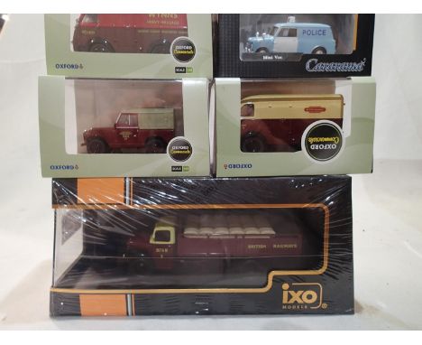 Five O gauge 1/43 scale vehicles, IXO Ford Thames ET 6, BR livery, two Oxford Land Rover, BR livery, Oxford Austin van Wynns,