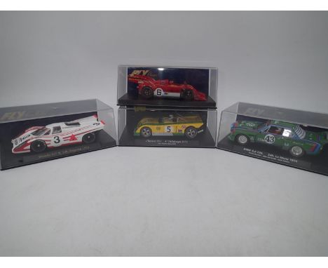 Fly - Car Model - Slot cars. Four cased slot cars by Fly, appearing in NM condition housed in VG cases. Lot to include: BMW 3