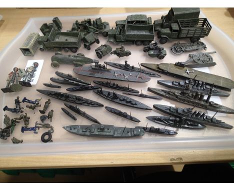 Selection of cast metal ships including aircraft carriers, plus Dinky Toys military etc, plus motorbike and sidecar, figures,