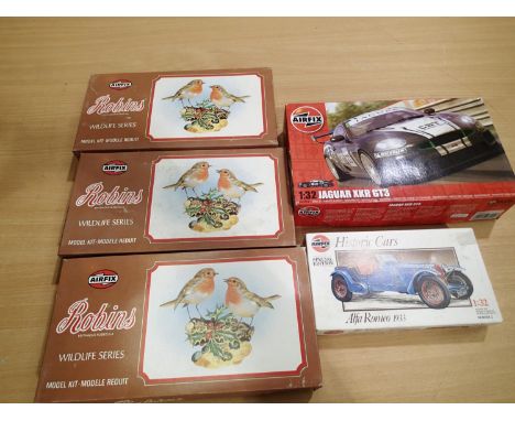 Five assorted Airfix kits, Jaguar XKR GT3, Alfa Romeo 1933, three Wildlife series Robins, appear complete, boxes are fair to 
