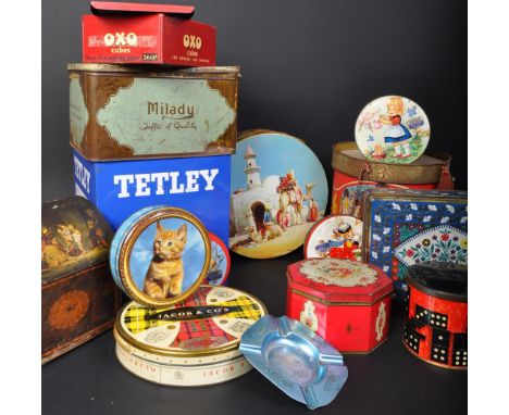 A collection of retro vintage 20th Century advertising tins / boxes. Consisting of Tetley coffee bags, Milady toffee of quali