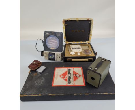 A mixed lot, including a Zippo lighter in leather case, a Kodak No. 2 Brownie camera, Bush radio, Monopoly set, etc