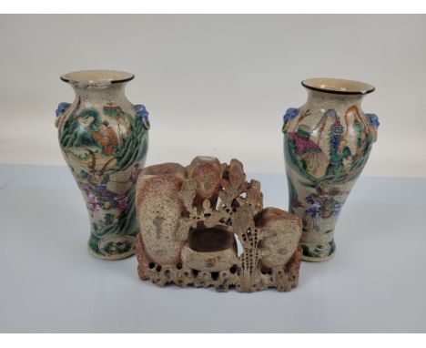 A Chinese soapstone carving, together with a pair of Chinese baluster famille rose vases af and a contemporary Chinese scroll