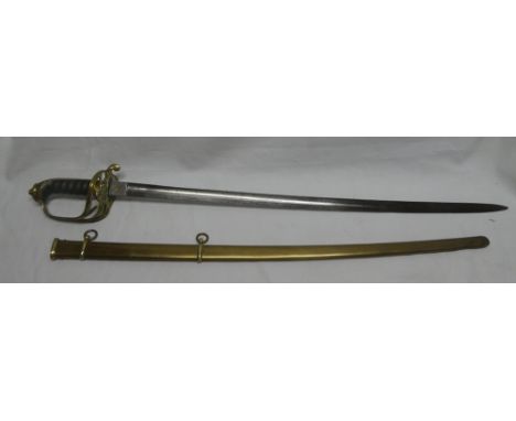 An 1845 patent Infantry Officer's sword with 32½" etched steel blade by Hill Brothers of London, brass hilt and wire-bound fi