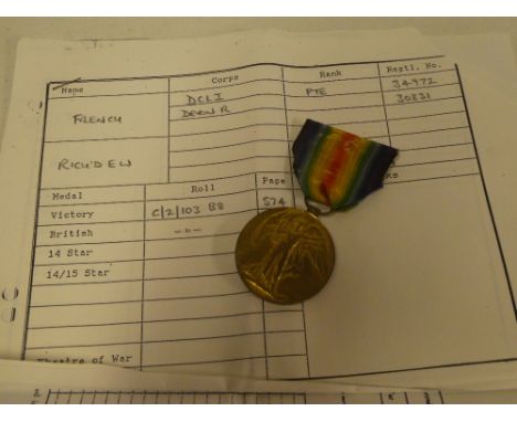 A First War victory medal awarded to No. 34972 Pte. R. E. W. French DCLI - killed in action with the 2nd Devon Regiment 31.07