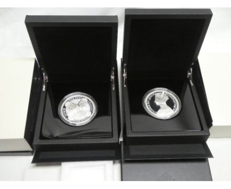 A pair of 2021 Royal Mint 5oz silver proof coins - Gothic crown quartered arms/Gothic crown portrait coins, in original boxes