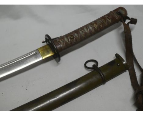 A Second War Japanese NCO's sword with 27½" curved blade, painted alloy hilt in green painted steel scabbard, Arsenal marking