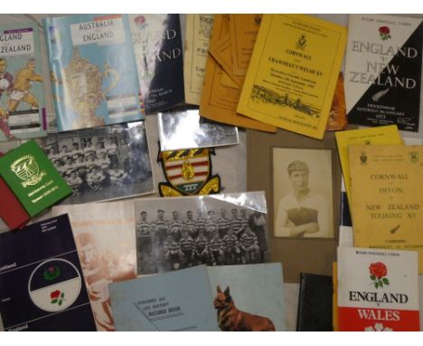 A selection of various Cornwall Rugby programmes, mainly 1950's, Camborne Rugby memorabilia, early 1921/22 Cornwall Rugby por