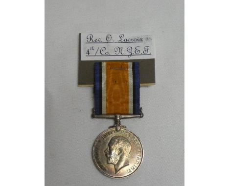 A British War medal awarded to Rev. O. Lacroix - serving with 4th Co. New Zealand Expeditionary Forces