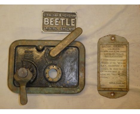 A part of an 850 shunting engine control desk, a British Railways LM Region engine brake gear notice and an aluminium wagon m