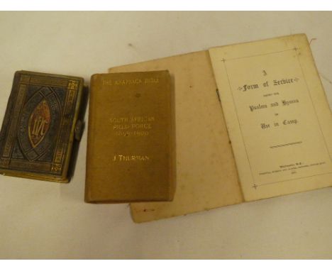 A Boer War 1900 soldier's knapsack bible for use in South Africa 1899/1900 named to J Thurman in khaki cloth binding; Watkins