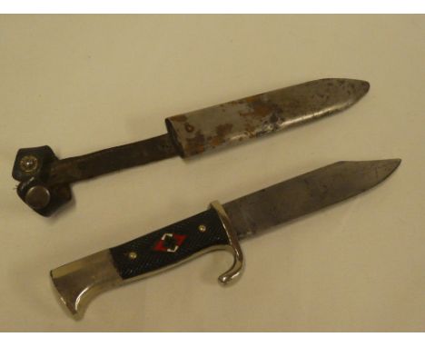 A Second War German Hitler youth knife with 5" blade by Tiger of Solingen, RZM markings dated 1936 with inlaid composition gr