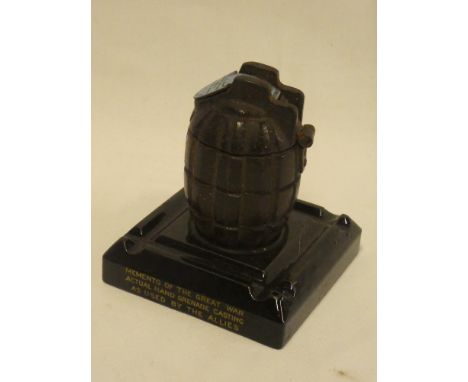 An inert First War hand grenade adapted as an inkwell dated 1915 with enamelled presentation top "Concorde Lodge Ladies Night