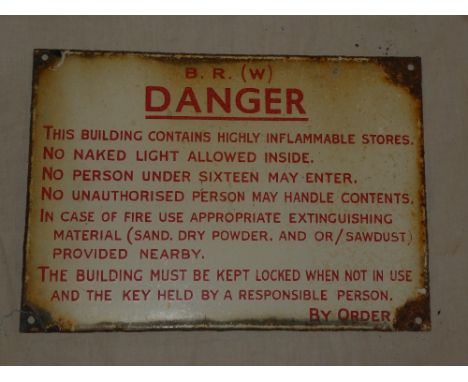 A British Rail Western Region rectangular enamelled warning sign "Danger This Building Contains High Inflammable Stores - No 