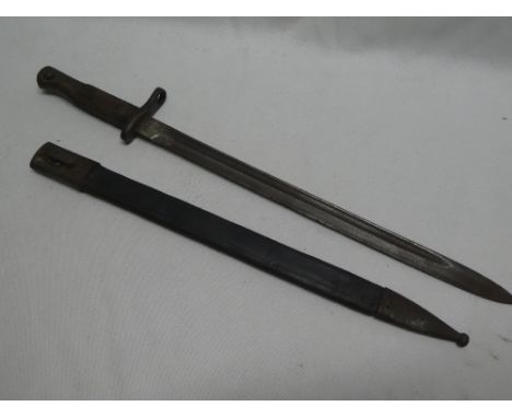 A Portuguese Artillery bayonet with single edged blade in steel mounted leather scabbard