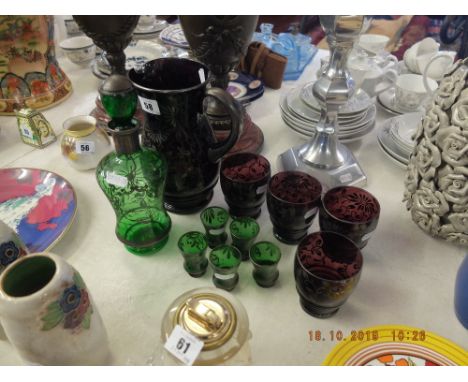 Etched glass jug, four glasses, decanter and six glasses