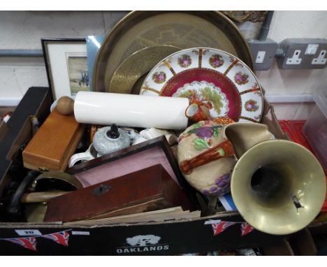 A good mixed lot to include ceramics, brass ware, ceramic rolling pin, a plated wine thermometer and other