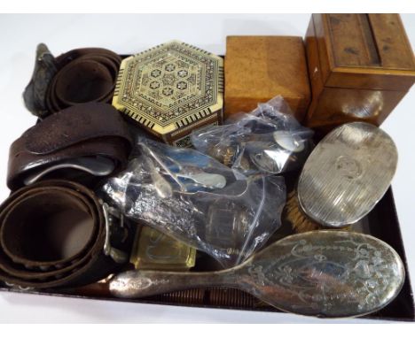 A good mixed lot of collectables to include a mother-of-pearl inlaid trinket box, three leather belts, hallmarked silver hair