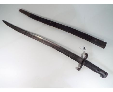 A French model 1842 yataghan sword bayonet with leather grip and leather scabbard with metal mounts - Est £40 - £60